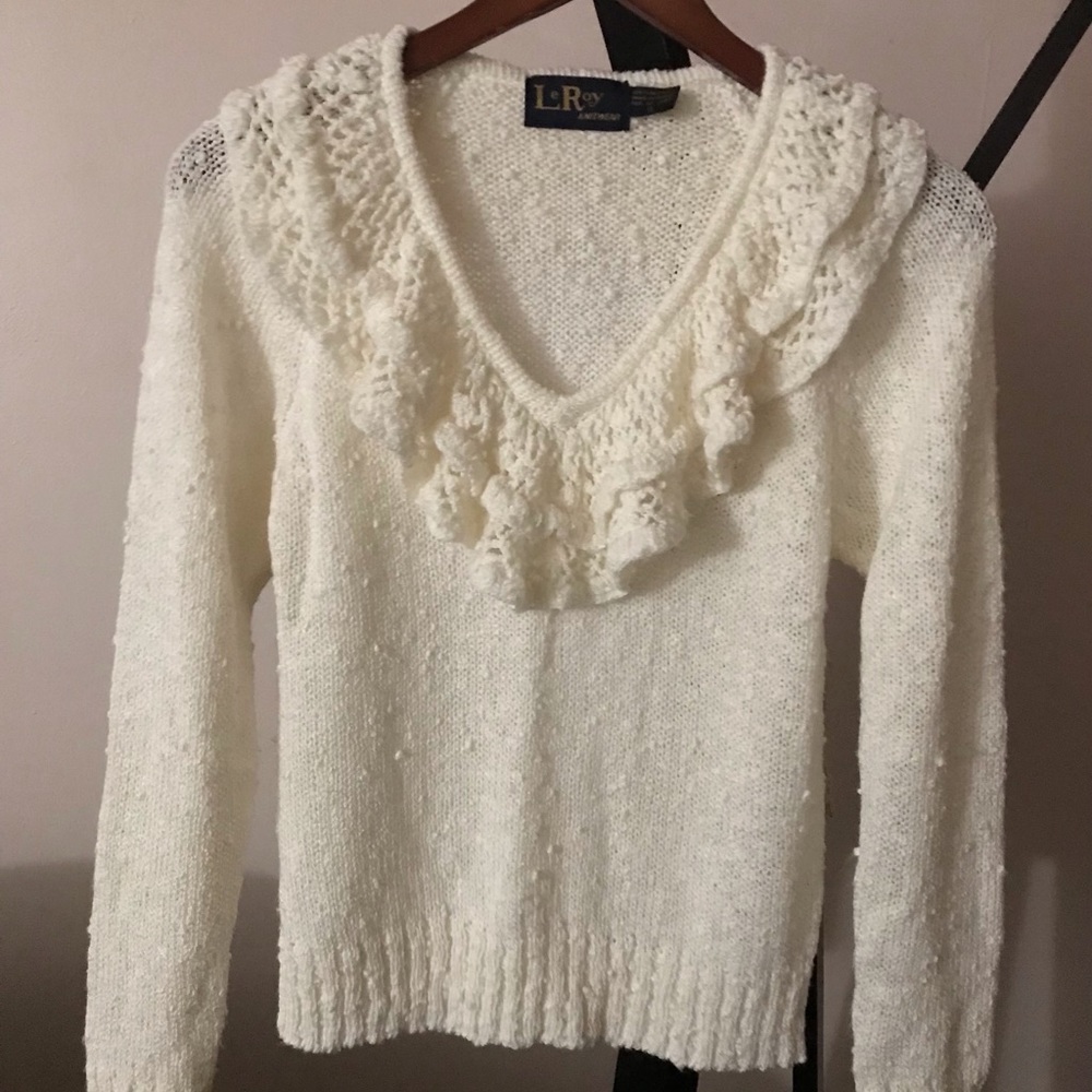 Vintage LeRoy Knitwear V Neck Lacey Cream Sweater S